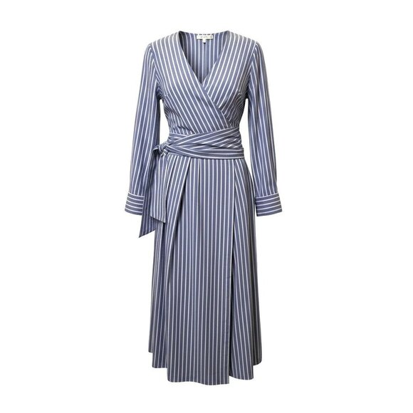 WHBM Blue & White Striped Poplin Twist Front Midi Shirt Dress Sz 10 Preppy - Picture 4 of 11